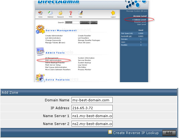 DirectAdmin - add DNS zone